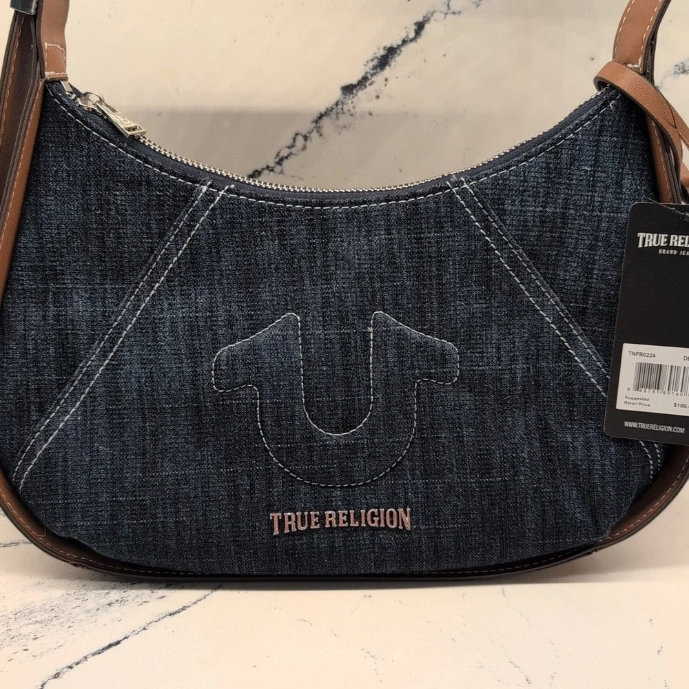 TRUE‎ RELIGION Blue Denim Crescent Shoulder Handbag Purse NWT
